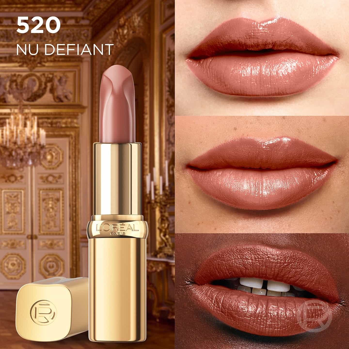 Color Riche Satin Nude 520 Nu Defiant Vorschau auf drei Lippenpaaren
